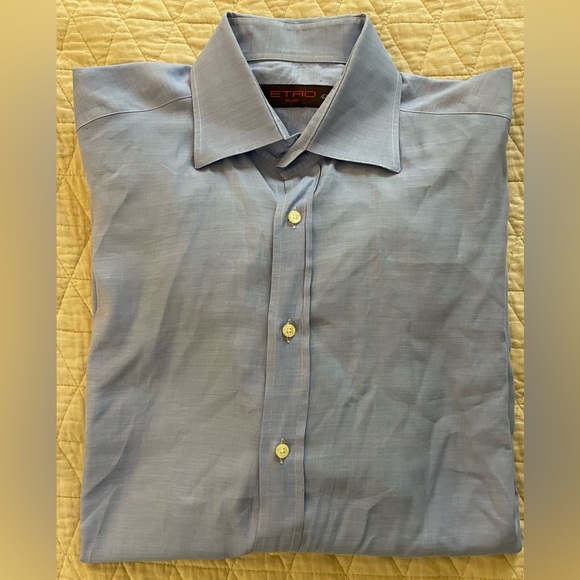 ETRO Made in Italy Cotton Poplin Spread Collar Dress Shirt in Blue Size 42 $490 - Picture 1 of 7